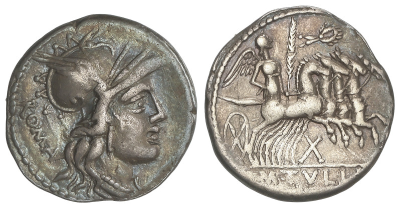 ROMAN COINS: ROMAN REPUBLIC
Denario. 120 a.C. TULLIA. M. Tullius. Anv.: Cabeza ...
