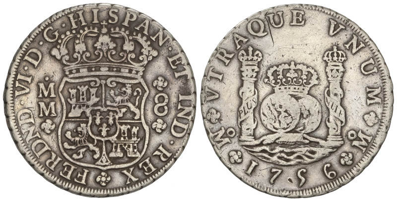 SPANISH MONARCHY: FERDINAND VI
8 Reales. 1756. MÉXICO. M.M. 26,64 grs. Columnar...