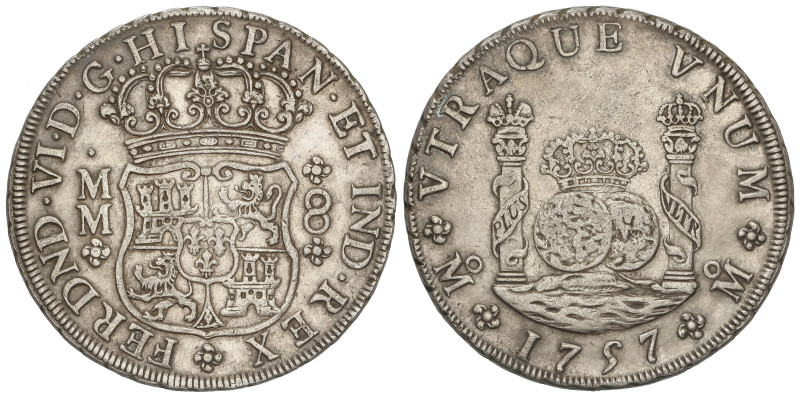 SPANISH MONARCHY: FERDINAND VI
8 Reales. 1757. MÉXICO. M.M. 27 grs. Columnario....