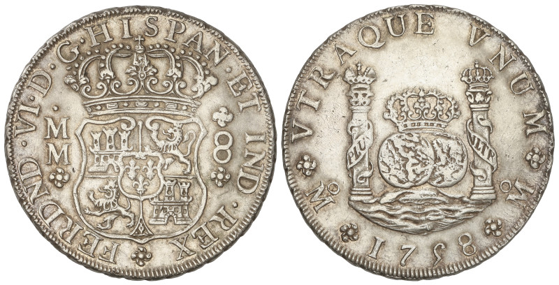 SPANISH MONARCHY: FERDINAND VI
8 reales. 1758. MÉXICO. M.M. 27,14 grs. Columnar...