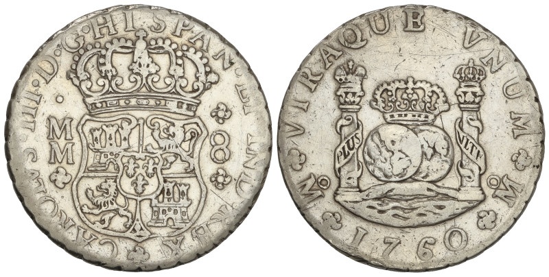 SPANISH MONARCHY: CHARLES III
8 Reales. 1760. MÉXICO. M.M. 26,55 grs. Columnari...