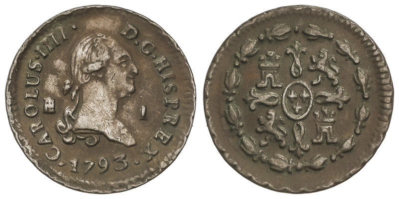 SPANISH MONARCHY: CHARLES IV
1 Maravedí. 1793. SEGOVIA. 1,11 grs. AC-21. EBC-.