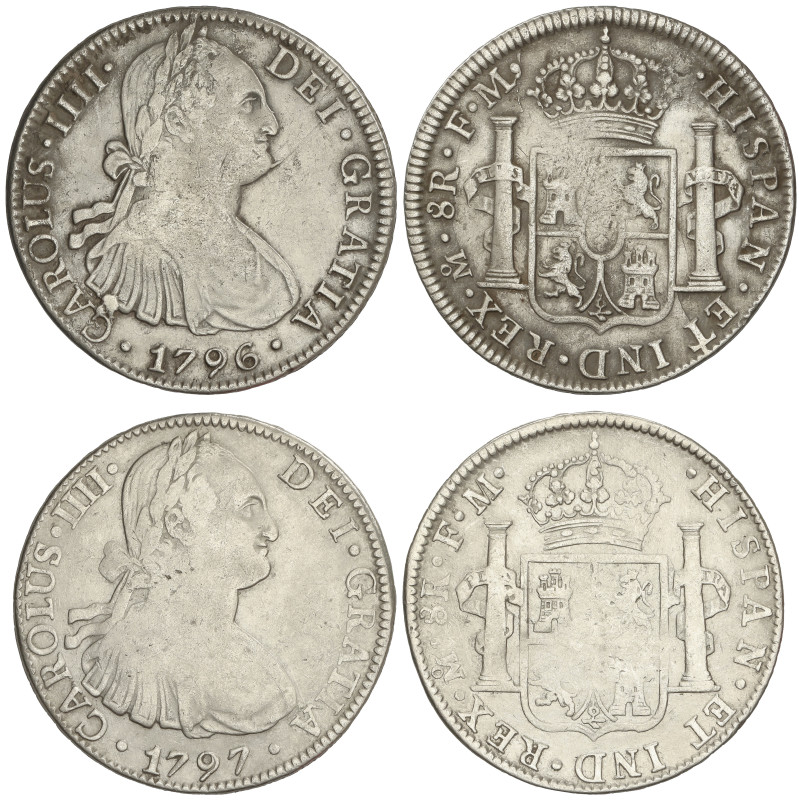 SPANISH MONARCHY: CHARLES IV
Lote 2 monedas 8 Reales. 1796 y 1797. MÉXICO. F.M....