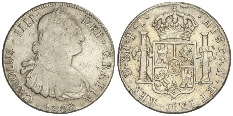 SPANISH MONARCHY: CHARLES IV
8 Reales. 1808. POTOSÍ. P.J. 26,60 grs. (Rayitas)....