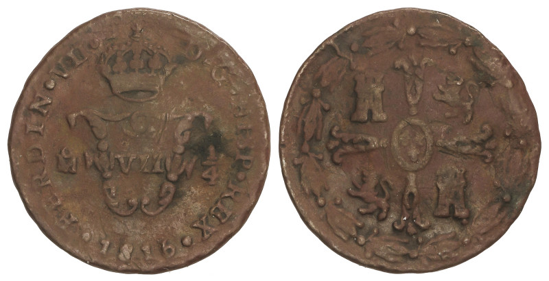 SPANISH MONARCHY: FERDINAND VII
1 Cuarto de Tlaco (1/2 Real). 1815. MÉXICO. 3,3...