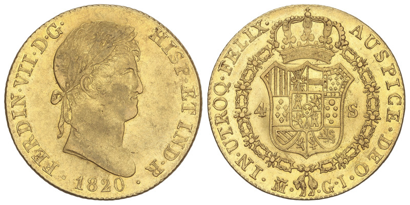 SPANISH MONARCHY: FERDINAND VII
4 Escudos. 1820. MADRID. G.J. 13,47 grs. Restos...