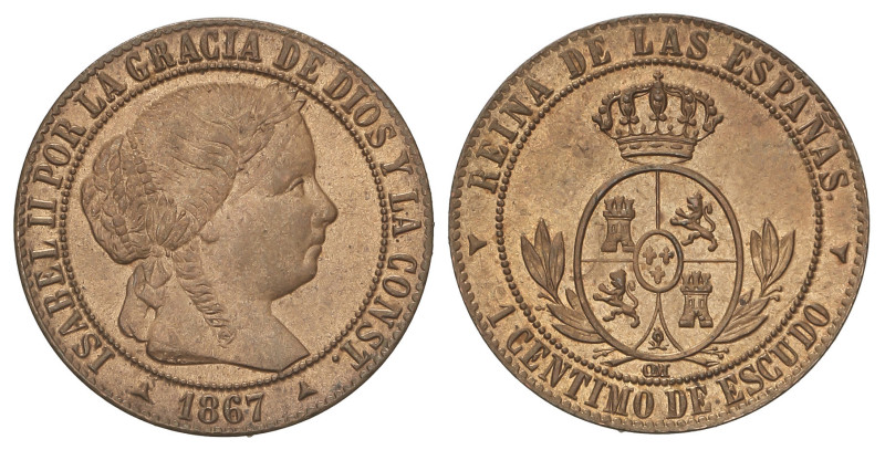 SPANISH MONARCHY: ELISABETH II
1 Céntimo de Escudo. 1867. SEGOVIA. O.M. 2,49 gr...