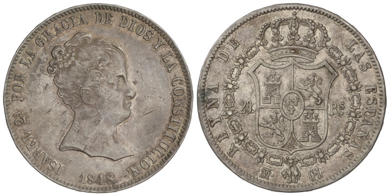 SPANISH MONARCHY: ELISABETH II
20 Reales. 1848. MADRID. C.L. 25,88 grs. Rayitas...