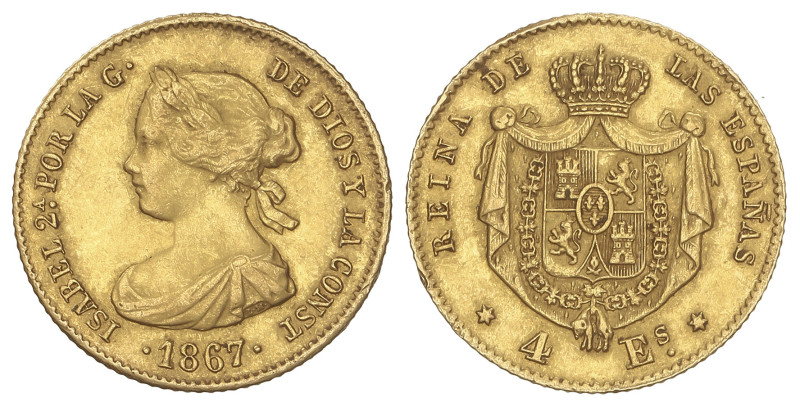 SPANISH MONARCHY: ELISABETH II
4 Escudos. 1867. MADRID. 3,3 grs. AC-691. MBC+.