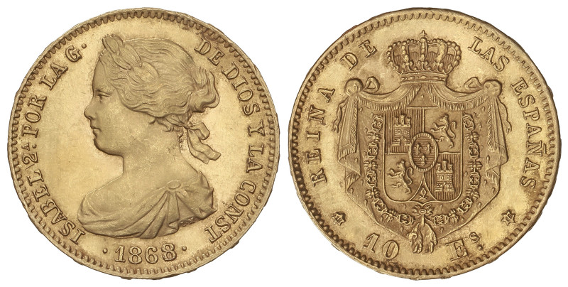 SPANISH MONARCHY: ELISABETH II
10 Escudos. 1868. MADRID (*18-68). 8,37 grs. AC-...