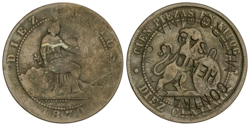 PESETA SYSTEM: PROVISIONAL GOVERNMENT AND I REPUBLIC
10 Céntimos. 1870. Resello...