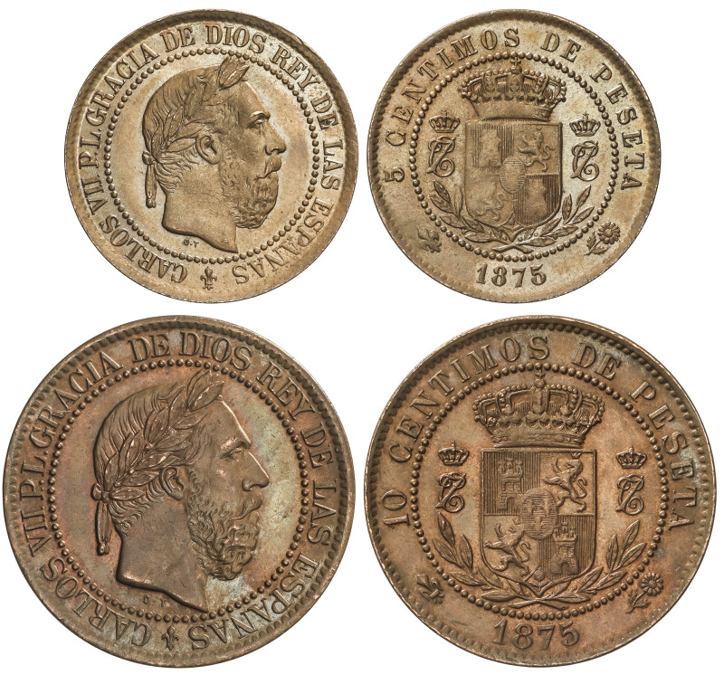 PESETA SYSTEM: CHARLES VII Pretender
Lote 2 monedas 5 y 10 Céntimos. 1875. BRUS...