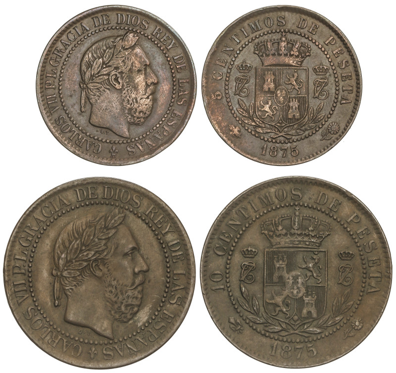 PESETA SYSTEM: CHARLES VII Pretender
Lote 2 monedas 5 y 10 Céntimos. 1875. BRUS...