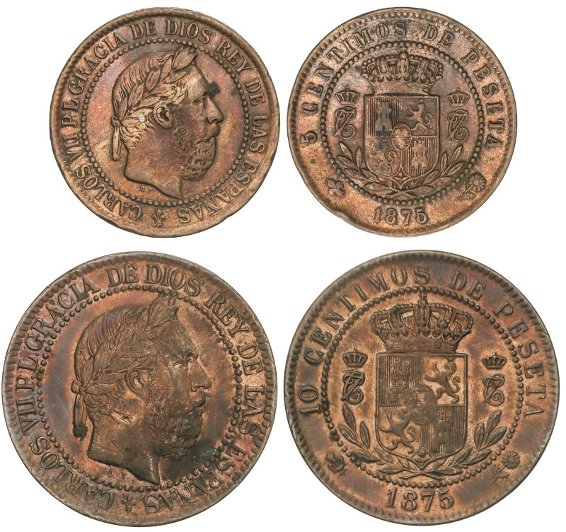 PESETA SYSTEM: CHARLES VII Pretender
Lote 2 monedas 5 y 10 Céntimos. 1875. BRUS...