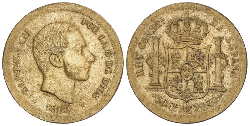 PESETA SYSTEM: ALFONSO XII
Prueba de 50 Centavos de Peso. 1880. MANILA. 12,28 g...