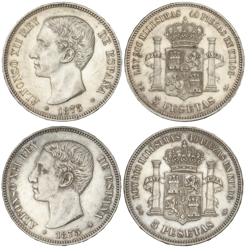 PESETA SYSTEM: ALFONSO XII
Lote 2 monedas 5 Pesetas. 1875 (*18-75). D.E.-M. (Le...