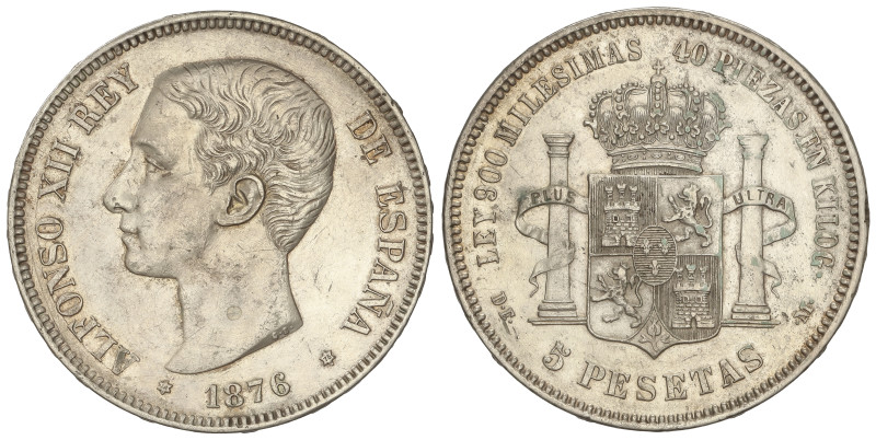 PESETA SYSTEM: ALFONSO XII
5 Pesetas. 1876 (*18-76). D.E.-M. (Pequeños golpecit...