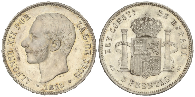 PESETA SYSTEM: ALFONSO XII
5 Pesetas. 1883 (*18-83). M.S.-M. (Rayitas en anvers...