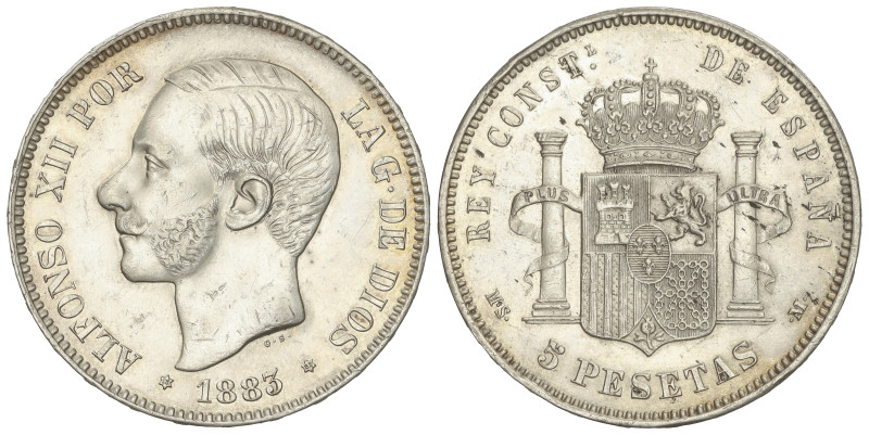 PESETA SYSTEM: ALFONSO XII
5 Pesetas. 1883 (*18-83). M.S.-M. (Pequeños golpecit...