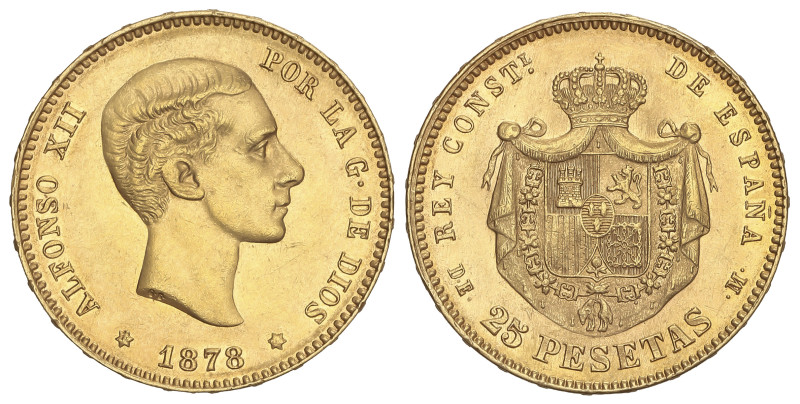 PESETA SYSTEM: ALFONSO XII
25 Pesetas. 1878 (*18-__). D.E.-M. Primera estrella ...