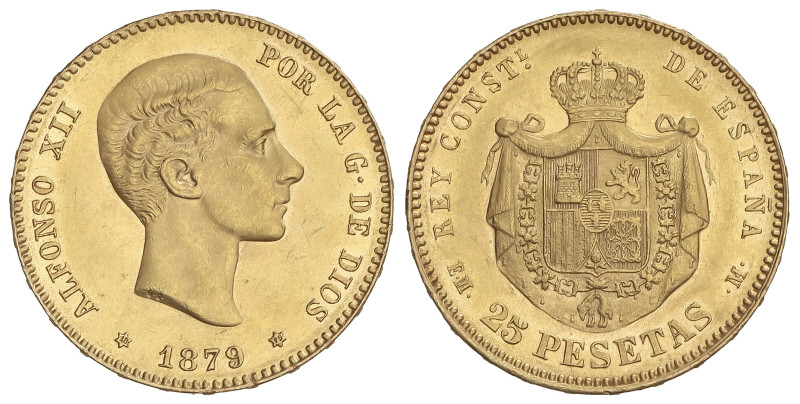 PESETA SYSTEM: ALFONSO XII
25 Pesetas. 1879 (*18-79). E.M.-M. Levísimas rayitas...