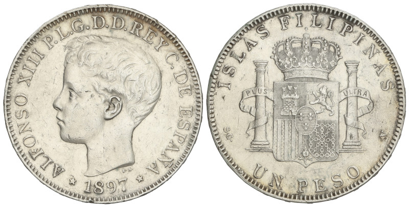 PESETA SYSTEM: ALFONSO XIII
1 Peso. 1897. MANILA. S.G.-V. (Rayitas). MBC+.