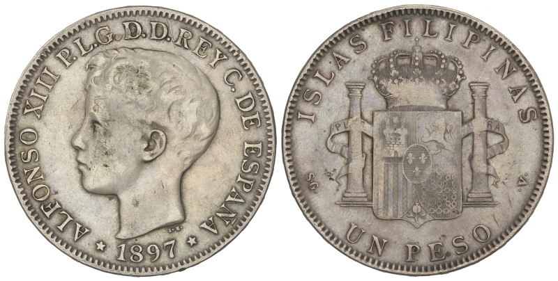 PESETA SYSTEM: ALFONSO XIII
1 Peso. 1897. MANILA. S.G.-V. MBC/MBC-.