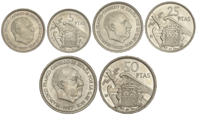 PESETA SYSTEM: ESTADO ESPAÑOL
Serie 3 monedas 5, 25 y 50 Pesetas. 1957 (*BA). I...