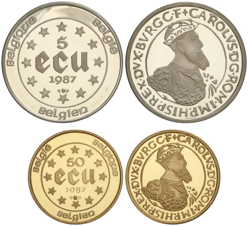 WORLD COINS: BELGIUM
Serie 2 monedas 5 y 50 Ecu. 1988. AU: 17,27 grs. AR, AU (9...