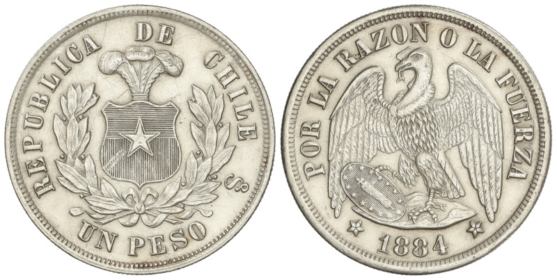 WORLD COINS: CHILE
1 Peso. 1884. SANTIAGO. 24,8 grs. AR. (Rayitas). KM-142.1. E...