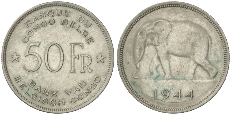 WORLD COINS: BELGIAN CONGO
50 Francs. 1944. 17,4 grs. AR. Elefante. Acuñación a...