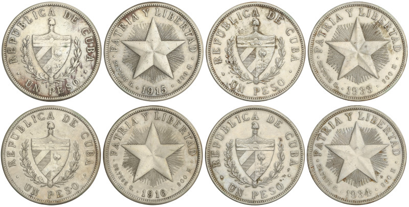 WORLD COINS: CUBA
Lote 4 monedas 1 Peso. 1915, 1916, 1933 y 1934. AR. Tipo estr...