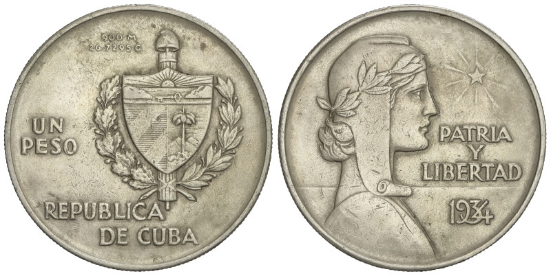 WORLD COINS: CUBA
1 Peso. 1934. 26,61 grs. AR. Tipo ABC. (Leves golpecitos). KM...