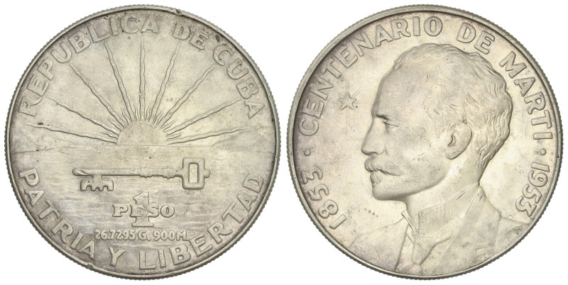 WORLD COINS: CUBA
1 Peso. 1953. 26,74 grs. AR. Centenario José Martí. (Leves go...