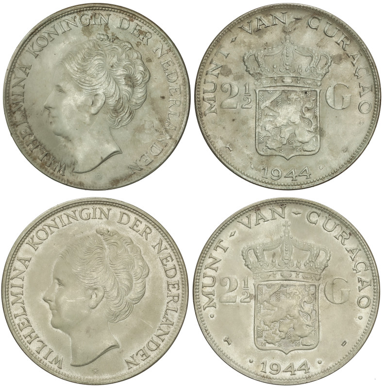 WORLD COINS: CURACAO
Lote 2 monedas 2 1/2 Gulden. 1944. AR. Pátina irregular. K...