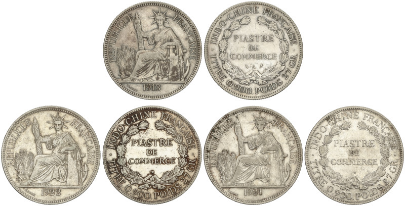 WORLD COINS: FRENCH INDO CHINA
Lote 3 monedas Piastre de Commerce. 1913-A, 1921...