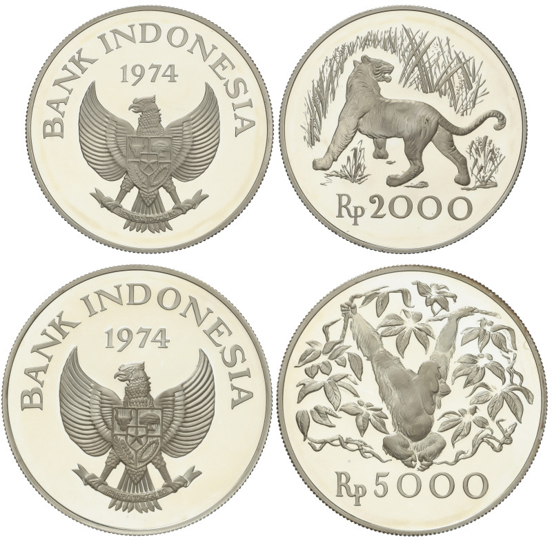 WORLD COINS: INDONESIA
Lote 2 monedas 2.000 y 5.000 Rupiah. 1974. AR. Conservac...