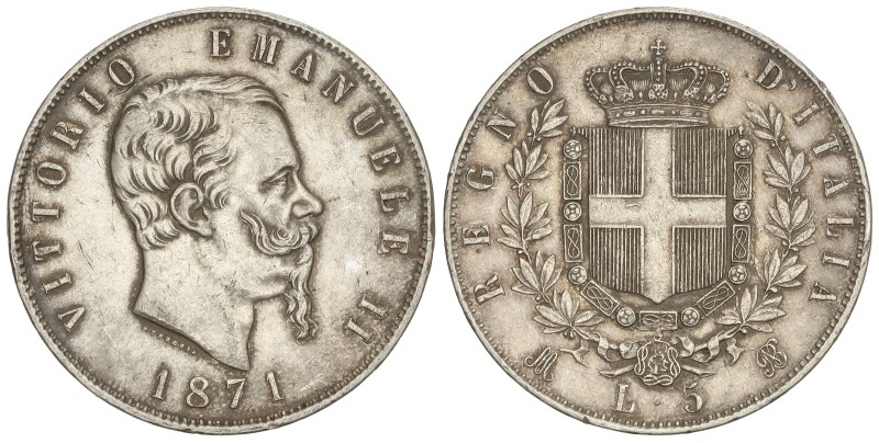 WORLD COINS: ITALY
5 Liras. 1871-M-BN. VÍCTOR MANUEL II. MILÁN. 24,94 grs. AR. ...