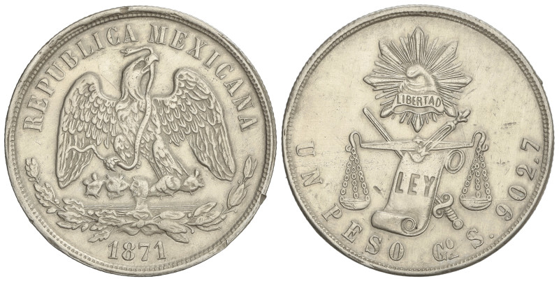 WORLD COINS: MEXICO
1 Peso. 1871. GUANAJUATO. S. 26,99 grs. AR. Tipo Balanzas. ...