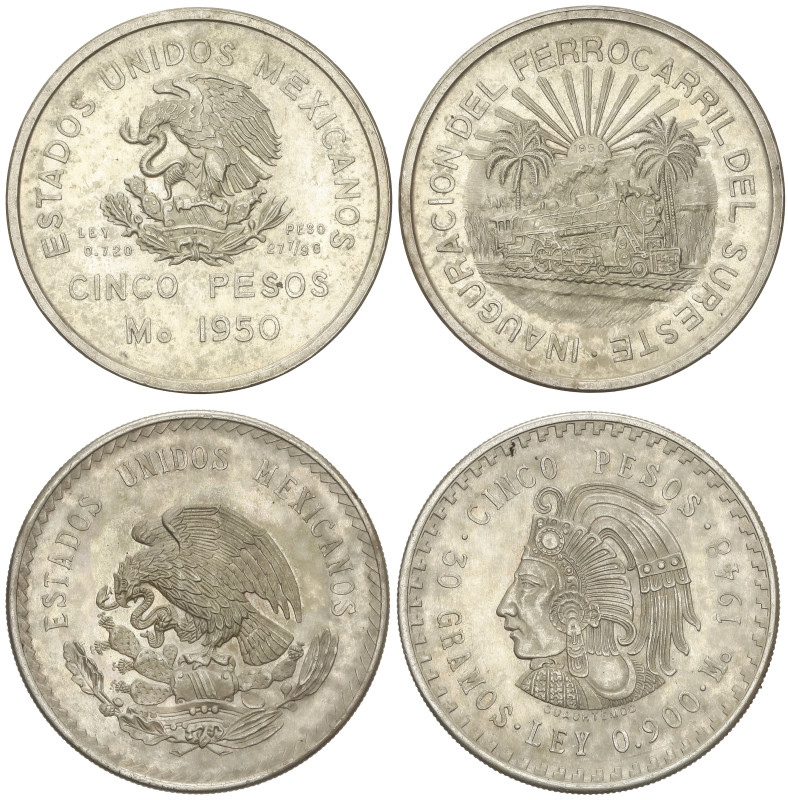 WORLD COINS: MEXICO
Lote 2 monedas 5 Pesos. 1948 y 1950. 29,89 y 27,74 grs. AR....