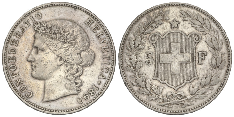 WORLD COINS: SWITZERLAND
5 Francs. 1890-B. BERNA. 24,79 grs. AR. Helvetia. (Gol...