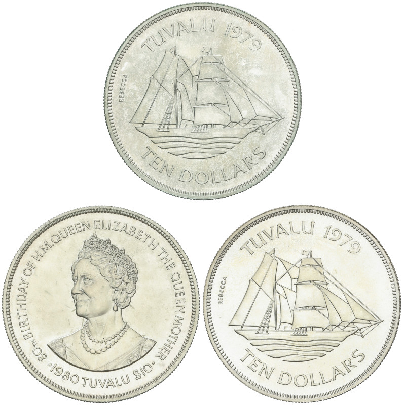 WORLD COINS: TUVALU
Lote 3 monedas 10 Dollars. 1979 y 1980. AR. 2x Velero, 80 a...