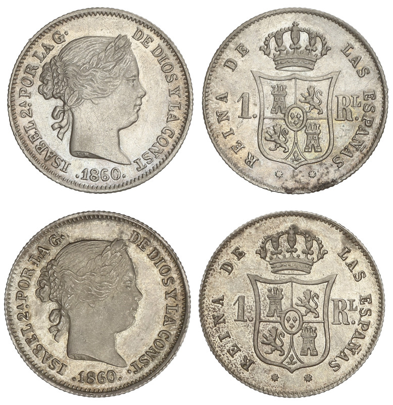 SPANISH MONARCHY: ELISABETH II
Lote 2 monedas 1 Real. 1860/59 y 1860. BARCELONA...