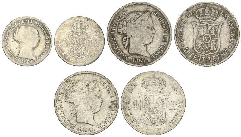 SPANISH MONARCHY: ELISABETH II
Lote 3 monedas 2 y 4 Reales, 40 Céntimos de Escu...