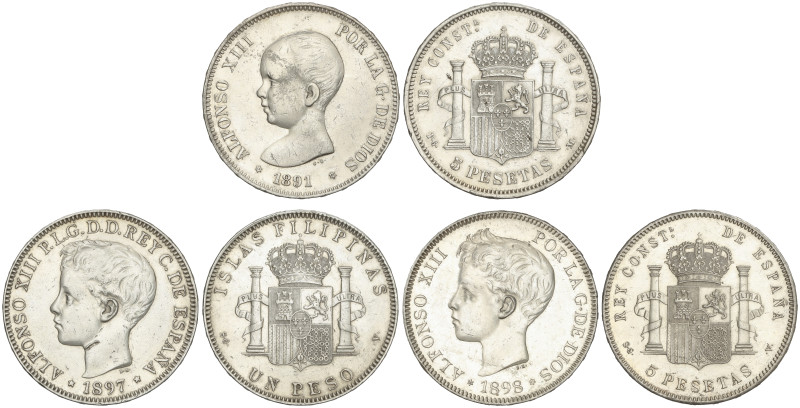 PESETA SYSTEM: ALFONSO XIII
Lote 3 monedas 5 Pesetas. 1891 a 1898. 1891, 1898 y...