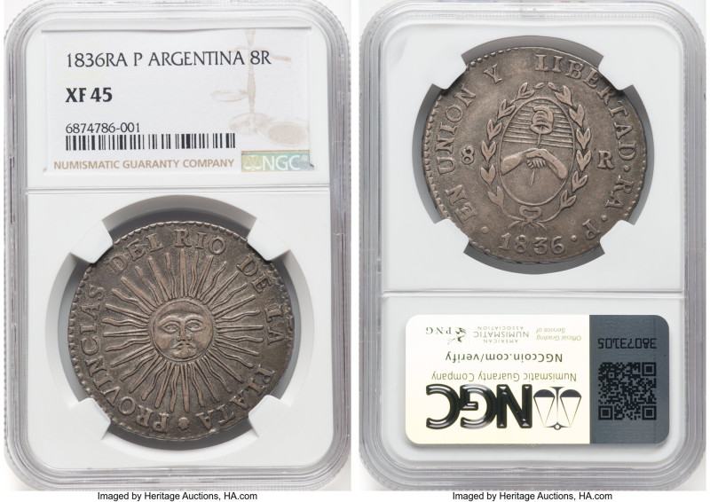 Rio de la Plata 8 Reales 1836 RA-P XF45 NGC, La Rioja mint, KM20. The iconic Arg...