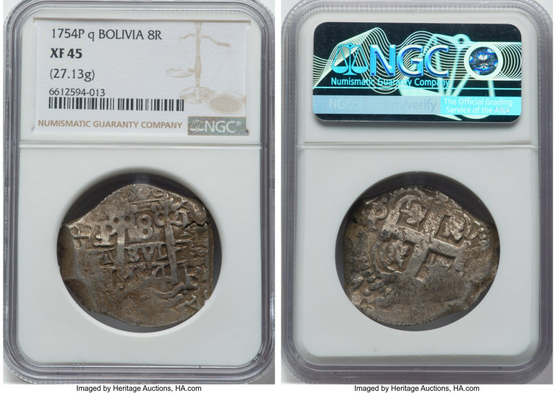 Ferdinand VI Cob 8 Reales 1754 P-Q XF45 NGC, Potosi mint, KM40. 27.13gm. HID0980...