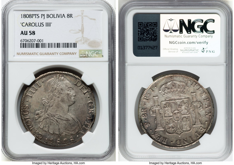 Charles IV 8 Reales 1808 PTS-PJ AU58 NGC, Potosi mint, KM73, Cal-1014. "CAROLUS ...