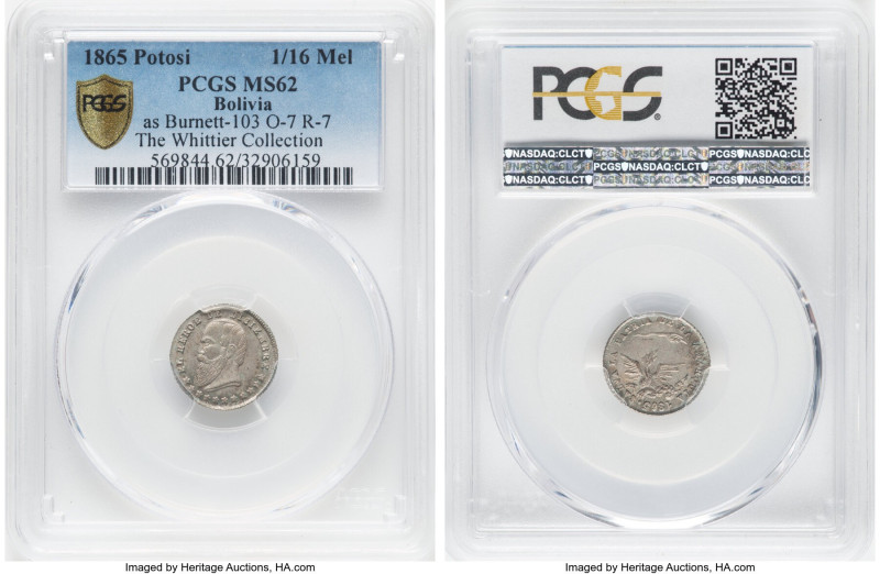 Republic silver "Hero of December" Medallic 1/16 Melgarejo 1865 MS62 PCGS, Potos...