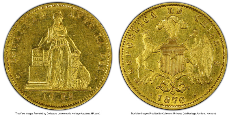 Republic gold 10 Pesos 1870-So AU55 PCGS, Santiago mint, KM145. HID09801242017 ©...